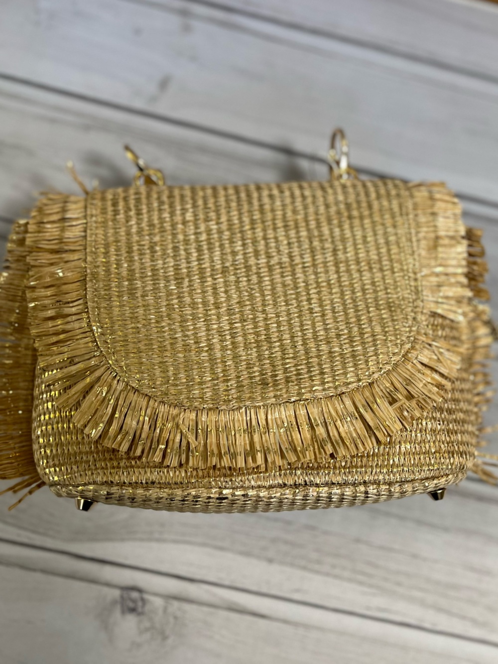 New Tommy Bahama gold bamboo raffia fringe crossbody hand bag purse - Picture 7 of 16